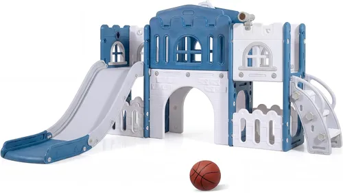 Costzon Juego de tobogán infantil 8 en 1, tobogán independiente para niños con túnel, aro de baloncesto, juego de tobogán escalador para niños de 1