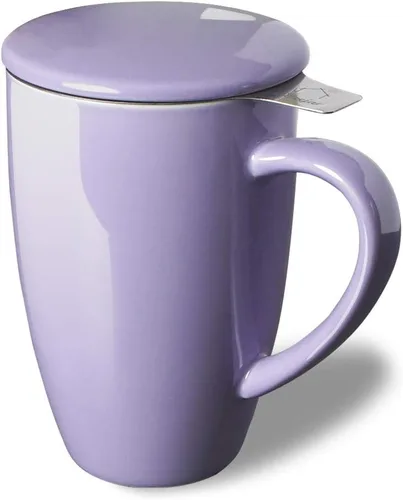 Sweejar Taza infusora de té de porcelana con tapa, taza de té de 16 onzas con coladores para té de hojas sueltas, taza de café apta para microondas