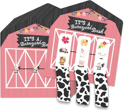 Big Dot of Happiness Pink Farm Animals - Juego de 12 tarjetas para baby shower o fiesta de cumpleaños, diseño de animales de granja rosados,