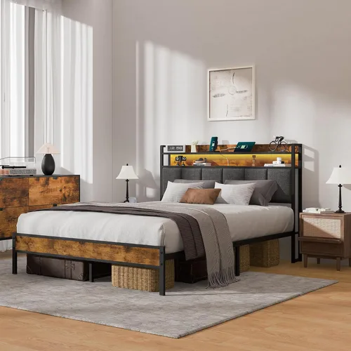 Miniatura 18 de Z-hom Cama de plataforma de metal resistente de fácil montaje, marco de cama tamaño Queen con cabecero y estribo, soporte antideslizante y Marrón