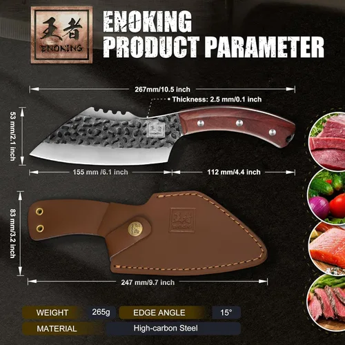 Miniatura 4 de ENOKING Cuchillo de chef forjado a mano de 6.1 pulgadas, cuchillo de carnicero de acero de alto carbono con funda de cuero, cuchillo de cocina