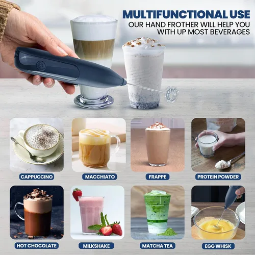 Miniatura 6 de Espumador de leche inalámbrico recargable de mano con soporte para arte con leche, batidor doble pequeño, espumador de leche, espumador de café