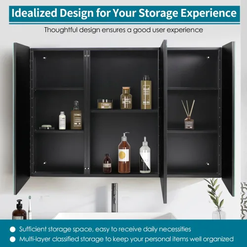 Miniatura 6 de Movo Botiquín de medicina negro de 40 x 28 pulgadas, espejo de baño, sin marco, gran montaje en pared, con 3 puertas, estantes movibles
