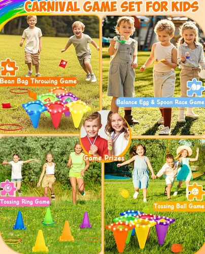 Miniatura 4 de Eocolz Juego combinado de 49 piezas de juegos de carnaval al aire libre para niños con luz LED, conos de plástico, obstáculos, puf, bolas de Azul