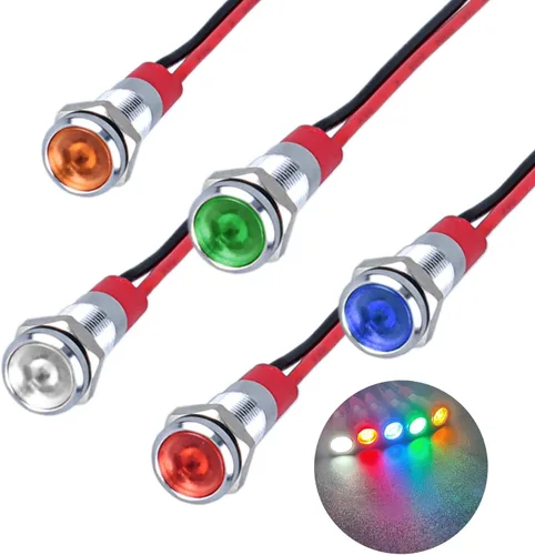 Miniatura 17 de 5Pcs 12V-24V Luz indicadora LED de ahorro de energía Montaje de orificio 8mm (1/3") 20mA Señal de lámpara de cabeza plana ancha impermeable piloto