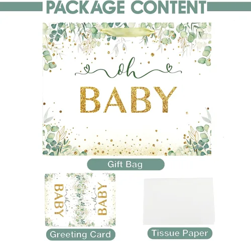 Miniatura 4 de Bolsa de regalo grande de 13" para bebé niño o niña para baby shower o cumpleaños con asa, papel de seda y tarjeta de felicitación (13" Verde)