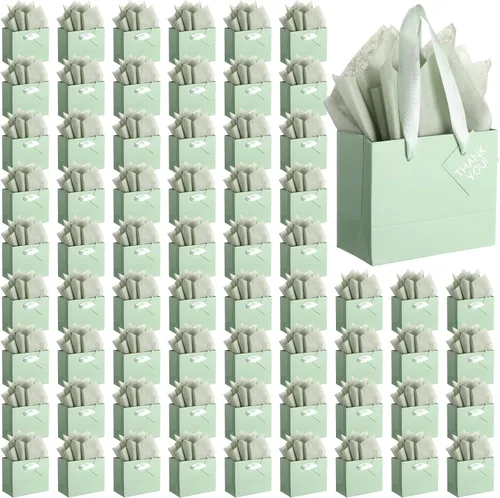 Miniatura 10 de Qilery 50 bolsas de regalo de papel de boda a granel con papel de seda, pequeñas bolsas de regalo con asa y etiquetas para cumpleaños, bodas