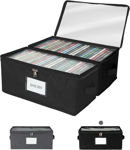 Paquete de 2 cajas de almacenamiento de tela para DVD con tapa de PVC transparente, capacidad para 25 fundas de DVD estándar, tela no tejida