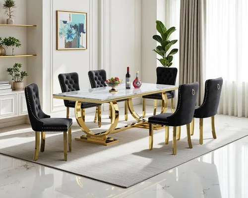 Miniatura 83 de Moderno juego de mesa de comedor de mármol sintético de 68.11 pulgadas para 6, mesa de comedor de mármol blanco y plateado con 6 sillas de Blanco