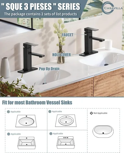 Miniatura 2 de Juego de grifos de baño con desagüe emergente, grifo moderno de lavabo de baño negro de una sola manija con placa de cubierta (1 o 3 agujeros), 1.