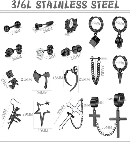 Miniatura 5 de FIBO STEEL Juego de 16 pares de aretes de acero inoxidable Y2K punk góticos emo góticos frescos cruzados hacha de cráneo tornillo de cono aretes