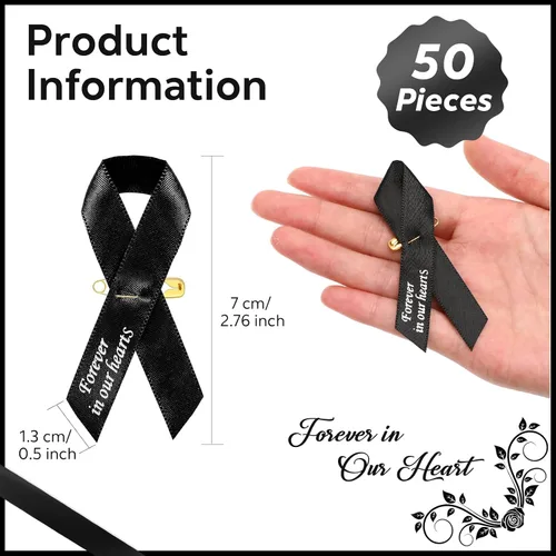 Miniatura 2 de Ysleen 50 cintas funerarias, cintas conmemorativas, pasadores funerarios clásicos, servicio conmemorativo, meditación, lazo personalizado con Negro