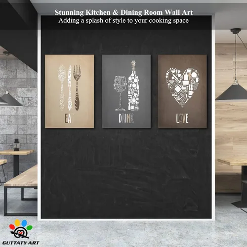 Miniatura 3 de GUTTATY Decoración de pared de fotos de cocina, 3 piezas de lienzo de arte para pared, impresiones en lienzo de amor para comer y beber, arte