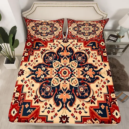 Miniatura 2 de Erosebridal Juego de sábanas y fundas de almohada vintage con estampado floral oriental para niños pequeños, juego de sábanas de medallón persa