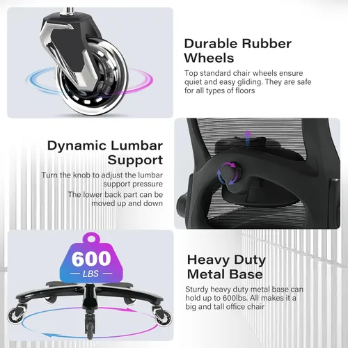 Miniatura 8 de Silla de oficina grande y alta, 600 libras con brazos abatibles 3D, reposacabezas ajustables, ruedas grandes resistentes, silla de escritorio Brazo
