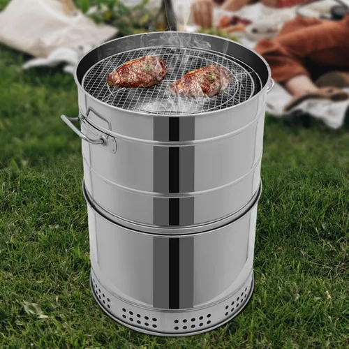 DNYSYSJ Parrilla portátil grande de carbón, barril para asar carne con cocinado de 360° y 50 pinchos, parrilla de carbón con hervidor para ahumado