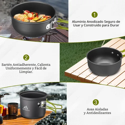 Miniatura 6 de Kit de utensilios de cocina para campamento, mochileros, ollas de 0.33 galones y sartenes de 0.17 galones, taza SUS304 de 0.08 galones, tenedores