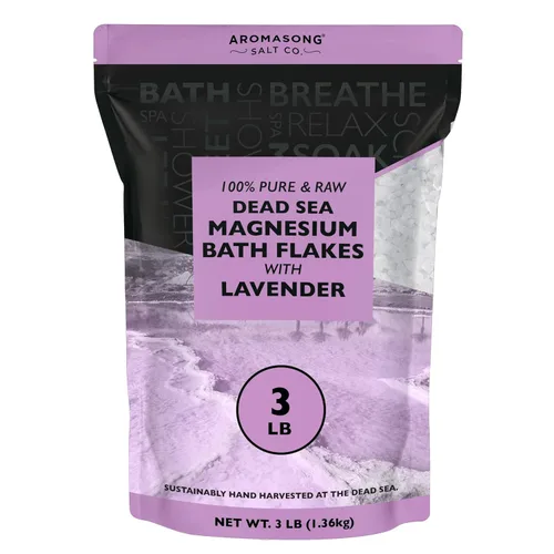 Aromasong Copos de baño de magnesio RAW con lavanda 100% natural, 3 libras de sales orgánicas relajantes musculares de cloruro de magnesio, remojo