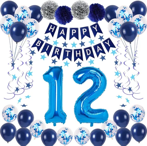 Decoraciones de fiesta de cumpleaños azul número 12 para niños y niñas, suministros de globos de feliz cumpleaños 12 con pancarta de feliz Azul-a-31