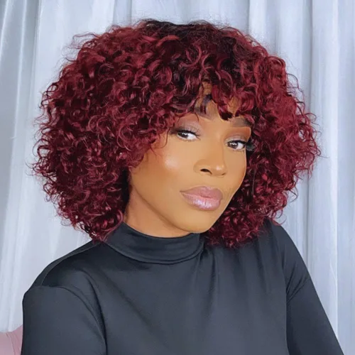 Miniatura 12 de JOEDIR HAIR Peluca corta y rizada con flequillo, peluca de cabello humano virgen brasileño de 12 pulgadas para mujeres negras, peluca Jerry Curl