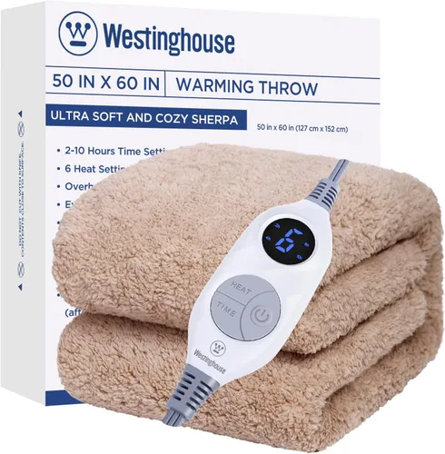 Westinghouse Manta Eléctrica Tamaño Throw, Manta Térmica de Felpa Sherpa Suave con 6 Niveles de Calefacción y 2-10 Horas de Apagado Automático, Camel