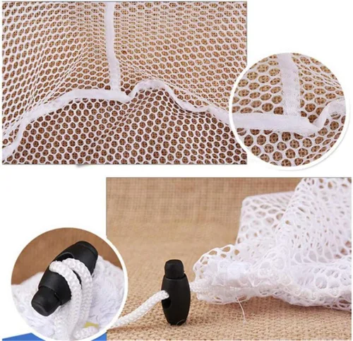 Miniatura 9 de Bolsa de lavandería de malla fina de alta calidad, material de malla blanca resistente con cierre de cordón. Bolsa de lavandería de malla lavable a