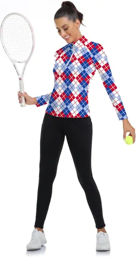 Miniatura 28 de WOWENY Camiseta deportiva de manga larga para mujer, con cremallera de un cuarto, cuello para entrenamiento, camiseta de tenis con estampado