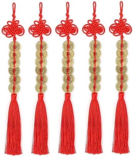 Retro 6 monedas nudo chino rojo cobre Feng Shui riqueza éxito éxito suerte encanto hogar coche perchas decoraciones (paquete de 5)