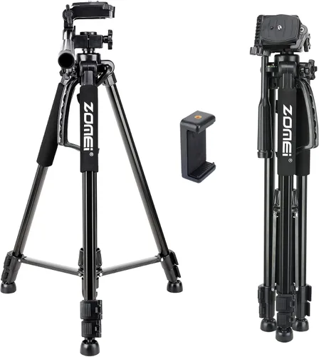 Miniatura 9 de Trípode para cámara de 55 pulgadas Q111 con soporte para teléfono, trípode para celular portátil y ligero para Canon Nikon Sony DSLR, proyector