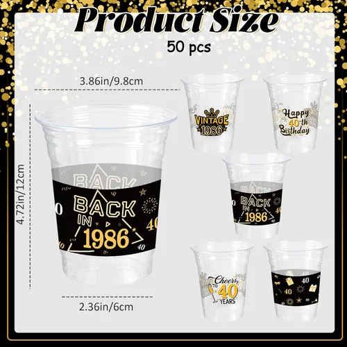 Miniatura 4 de 50 Piezas Vasos de Plástico para Fiesta de Cumpleaños 40 a Granel, 16 Oz Vasos de Beber Desechables de Plástico Transparente Negro Dorado