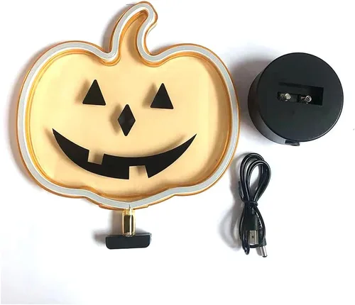 Miniatura 5 de Letrero de neón de calabaza brillante naranja, decoración de Halloween, luz de mesa con USB o batería