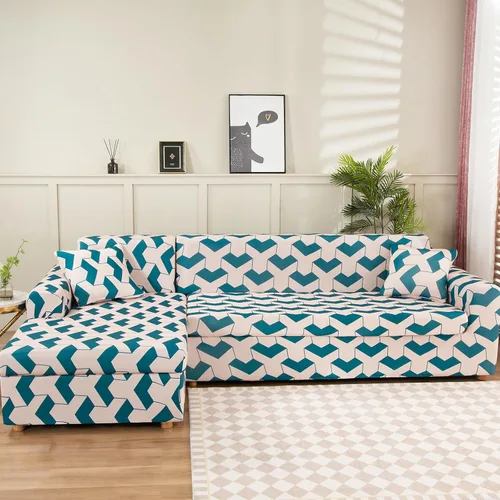 Miniatura 21 de LiveGo Funda de sofá en forma de L, 2 piezas, elástica y elástica de 3 plazas, protector de muebles con 4 fundas de almohada para sala de estar