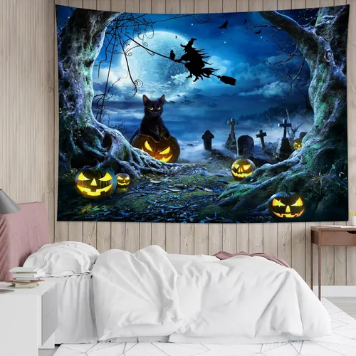 Miniatura 15 de LB Tapiz espeluznante de cementerio de Halloween, lápida aterradora con árboles muertos, tapiz de bosque para colgar en la pared, tapiz de fondo