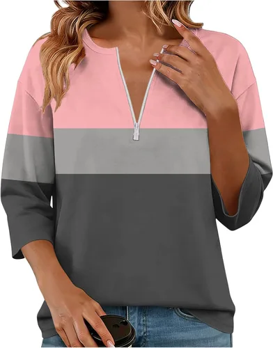 Miniatura 6 de Sudadera de manga larga con media cremallera para mujer, de gran tamaño, bloque de color, con cremallera de un cuarto, camisas de moda de primavera