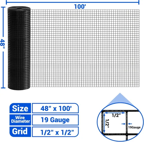Miniatura 2 de Black Hardware Cloth 19GA 1/2 pulgada 48 pulgadas de alto x 100 pies de largo, rollo de malla metálica de alambre de calibre 19 para valla de jardín