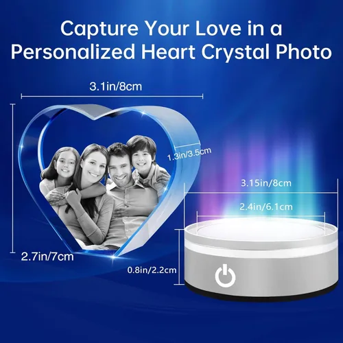 Miniatura 2 de Foto de cristal personalizada, grabado con láser, foto de cristal de corazón personalizada con base de luz LED, regalo para Navidad, cumpleaños