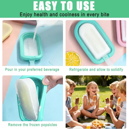 Miniatura 5 de Moldes apilables de silicona para paletas de hielo, paquete de 4 con palos, máquina de paletas de hielo casera reutilizable, diseño sin goteo y sin