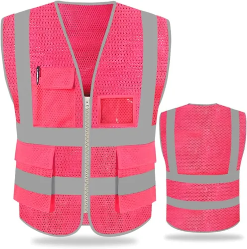 FEimaX Chaleco de seguridad de alta visibilidad, chaleco de trabajo reflectante de malla para hombres y mujeres con bolsillos y cremallera, cumple