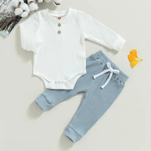 Miniatura 2 de Ropa de bebé recién nacido, ropa de punto acanalado, manga larga, pantalones de algodón sólido, trajes de otoño e invierno, 2 piezas