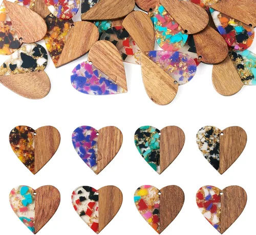 Miniatura 21 de Beadthoven - Dijes de madera de resina para bricolaje, colgantes de aretes de lágrima multicolor, triángulo, círculo redondo, rombo, barra