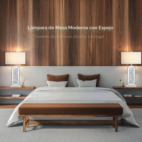 Miniatura 7 de Juego de 2 lámparas de mesa modernas con control táctil, lámpara de noche de espejo plateado con gran cristal de diamante, con puertos USB C+A