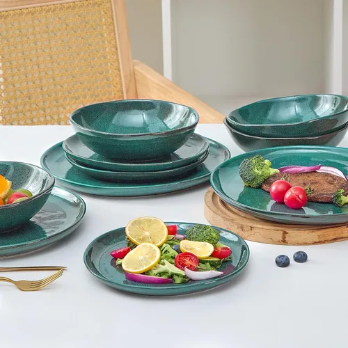 Miniatura 2 de Bestone Juego de vajilla redonda de 12 piezas, platos y cuencos, platos, cuencos, juego de vajilla de cerámica resistente a astillas, apto para Negro