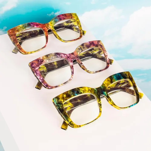 Miniatura 6 de Gafas de lectura de gran tamaño para mujer, paquete de 3 unidades, lentes retro con filtro de luz azul, gafas cuadradas con marco grande Esmalte