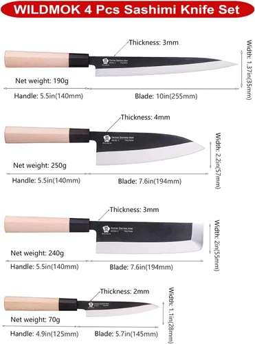 Miniatura 3 de WILDMOK GYUTO - Juego de 4 cuchillos de chef de sushi Yanagiba-Deba-Nakiri-Utilidad, cuchillos de fileteado de pescado con hoja de acero alemán