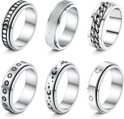 DoreenBeads Anillos para ansiedad, anillo giratorio de acero inoxidable, anillo antiansiedad, anillo giratorio de luna, estrella, números romanos,