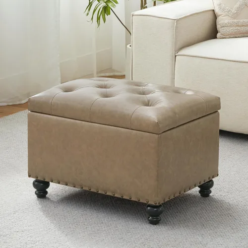Miniatura 11 de Zihanhome Otomana de cuero con almacenamiento, reposapiés otomano tapizado con botones, taburetes para pies, otomanas rectangulares de 24 pulgadas