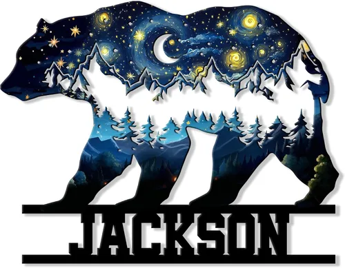Miniatura 16 de Letrero personalizado de metal con diseño de oso, cartel colgante de oso para porche al aire libre, valla de pared con nombre personalizado, patio
