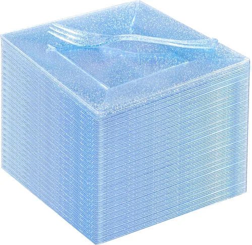 Miniatura 12 de DaYammi 200 platos de postre dorados, incluyendo 100 platos de aperitivo de 6 pulgadas, 100 tenedores de plástico de 5.7 pulgadas, platos cuadrados