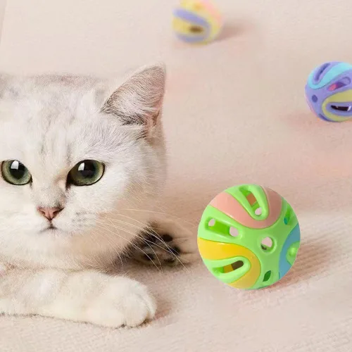 Miniatura 3 de Pelotas de juguete coloridas para gatos con campana, 6 unidades, diseño hueco interactivo, plástico, juguete de ejercicio de entrenamiento