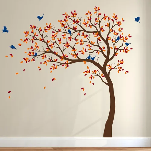 Miniatura 15 de Calcomanías de pared para árbol grande, calcomanías de árbol inclinado con pájaros, mural de vinilo decorativo KW032